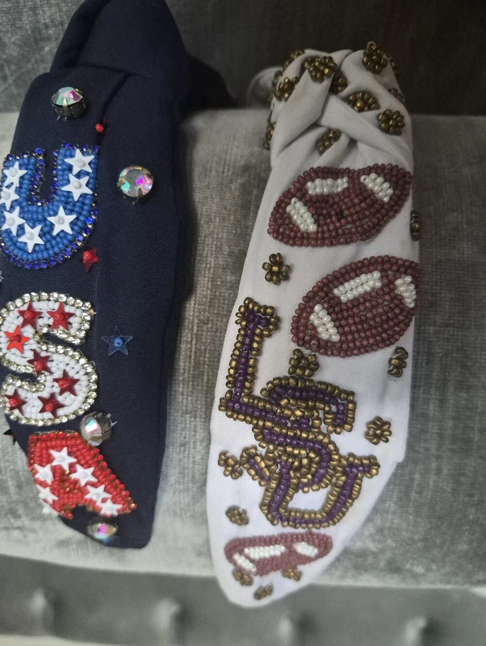 2pc Wide Beaded Top Knot Headband Lot USA Patriotic & LSU Football